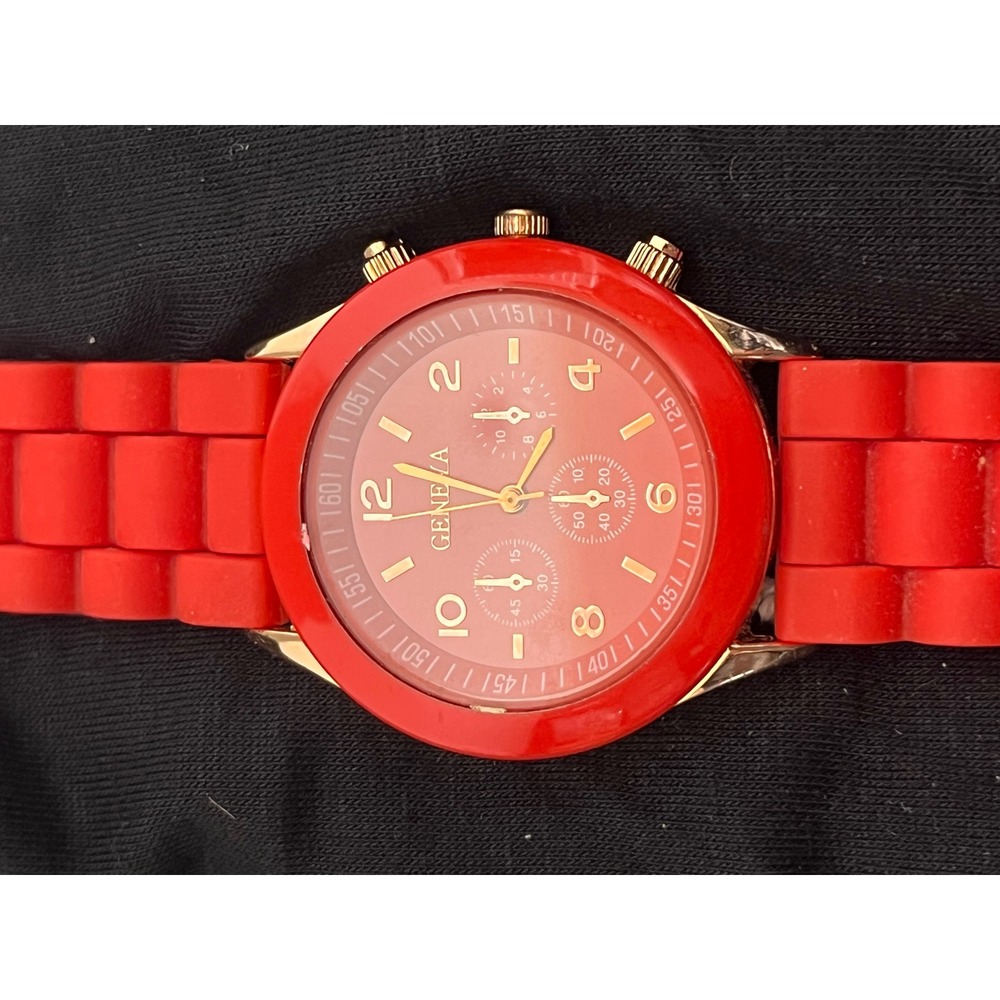 Geneva Womens Red Silicone Band Watch Gold Tone Accents Sporty Analog Timepiece